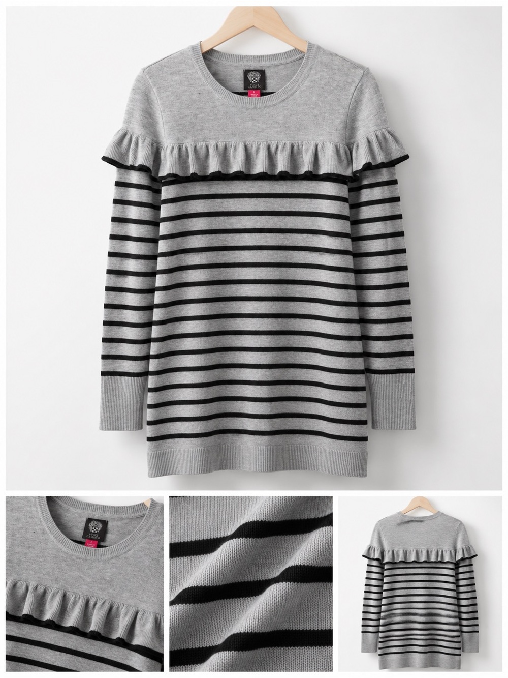 Vince Camuto Gray & Black Striped Ruffle Sweater Dress Size Large